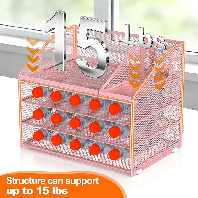 DocNest 4 Tier Metal Mesh Desk File Organizer with Phone Shelf, Pink | Desktop letter tray sorter features a 9.1x9.1 inch top phone holder, built-in sticky note compartment and pen holder