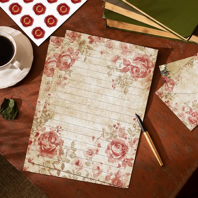 FUNCLASS 160 Pcs Vintage Floral Stationery Set Letter and Envelopes | 50 Lined Stationery Paper and 50 Matching Envelopes , 5.5 x 8.25 Inches Letter Writing Stationery for Home, Office, School