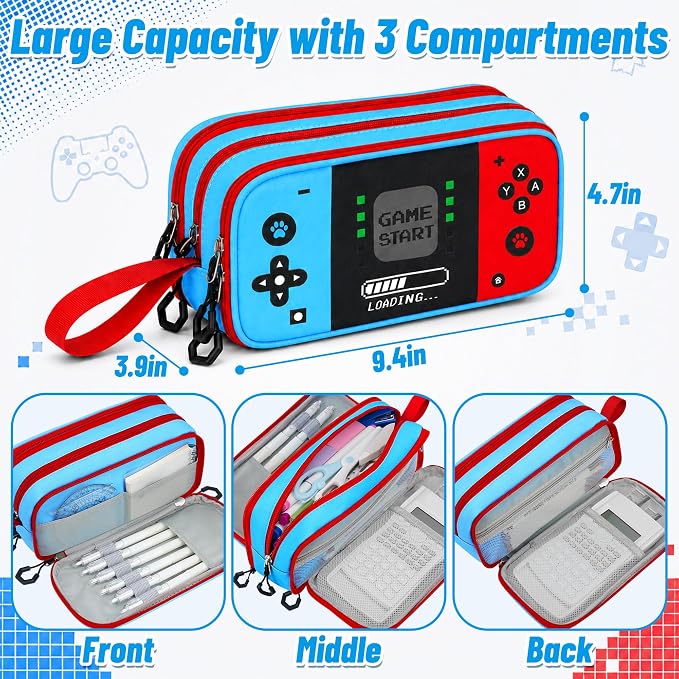 Pencil Case for Boys, Large Capacity Pencil Pouch with Zipper Compartments, Gamer Pen Bag Organizer for School Kids Teens