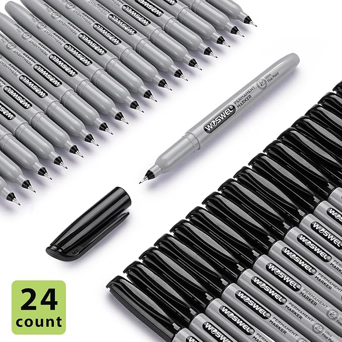 WOSWEL Ultra Fine Permanent Marker Bulk,24 Pack Ultra Fine Point Black Permanent Marker set, Felt Tip Pens Works on Plastic, Wood, Stone, Metal and Glass for Doodling, Marking