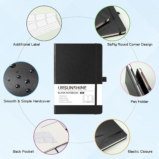 Blank Journal/Notebook - Classic Notebook/Journal with Ribbon Divider, Hardcover with Thick Paper, 5.7" x 8.4", Banded + Pen Holder +Inner Pocket - Black