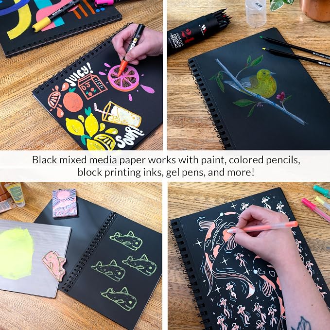 WA Portman Black Paper Sketchbook A4 (8.3" x 11.7") – 140 GSM Acid-Free Black Paper Notebook, 60 Pages (30 Sheets) Spiral Scrapbook Journal, Mixed Media Sketch Drawing Pad for Kids & Adults