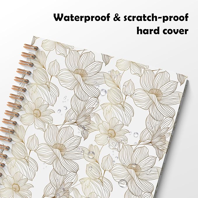 Elegant Neutral Floral Spiral Notebook, Beige and Gold Botanical Journal, Vintage Minimalist Linear Flower Plant Hardcover Notebook Journal, 5.5x8.3 Inch