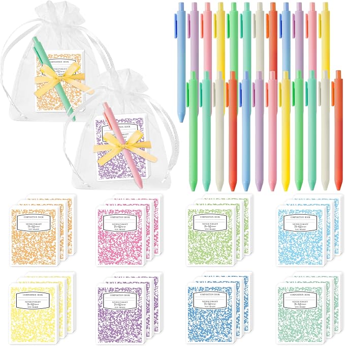 CJiangpo Teacher Sticky Note Set - 24 Pack Composition Book Sticky Note Pads with Ballpoint Pens Ribbons, Cute Memo Pad Stationery Set Thank You Teacher Appreciation Gifts School Office Supplies Party