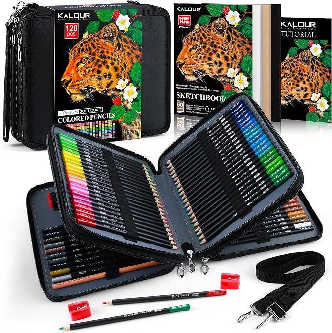 KALOUR 120 Colored Pencils Set with Carry Case, Sketchbook, Blender, Sharpeners & Color Chart, Oil-Based Soft Core,Professional Art Supplies for Adults and Artists