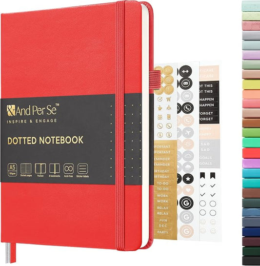 &And Per Se Dotted Journal Notebook, A5 Hardcover Leather Dotted Journal, 160 Pages 100gsm Thick Dot Grid Paper, 3 Sheets of Stickers Included - 5.7'' x 8'' (Red)