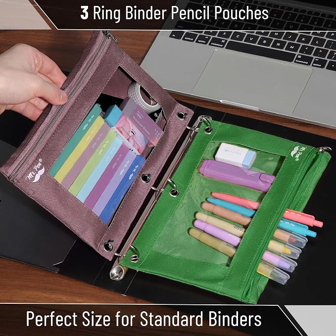 Mr. Pen- Pencil Pouch for 3 Ring Binder, 2 Pack, 10"x6.75", Smooth Zipper | Clear Window, Large Capacity Pencil Case with 3 Reinforced Grommets for School, Office, Supplies Storage | Clear Window, Large Capacity Pencil Case with 3 Reinforced Grommets f...