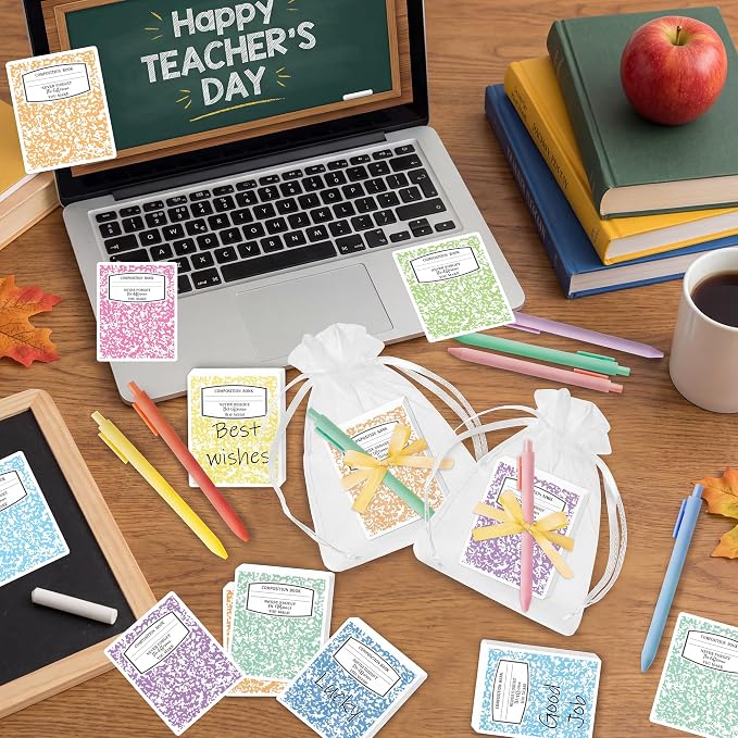 CJiangpo Teacher Sticky Note Set - 24 Pack Composition Book Sticky Note Pads with Ballpoint Pens Ribbons, Cute Memo Pad Stationery Set Thank You Teacher Appreciation Gifts School Office Supplies Party