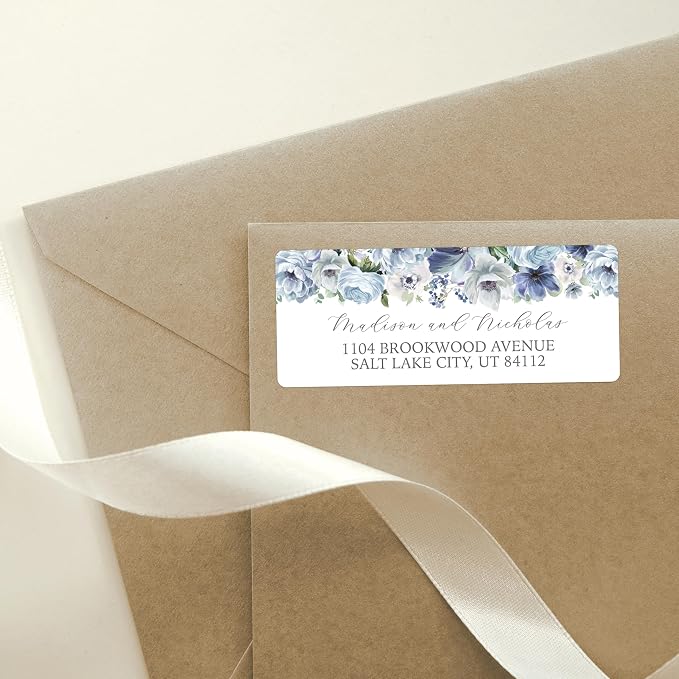 Return Address Labels Personalized with Your Choice of 30 Flower Styles - Choose Font and Font Color or Add Custom Text - Perfect for Wedding Envelopes (021 Blue Flowers)