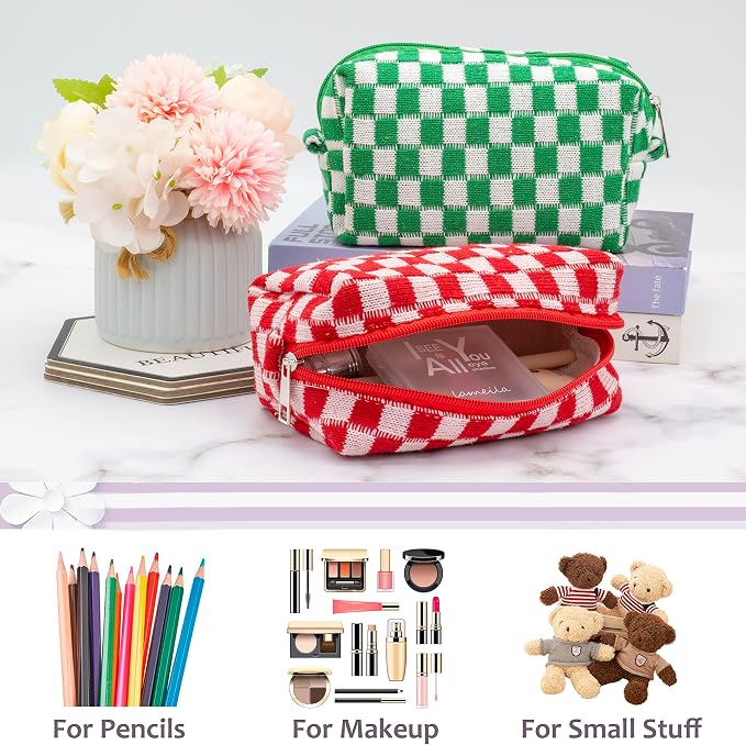 Checkered Makeup Bag for Purse, Small Travel Cosmetic Pouch,Red,2 Pack | Cute Zipper Makeup Organizer for Women, Travel Essentials, Toiletries, Makeup Brushes, Beauty Accessories&Bridesmaid Gifts
