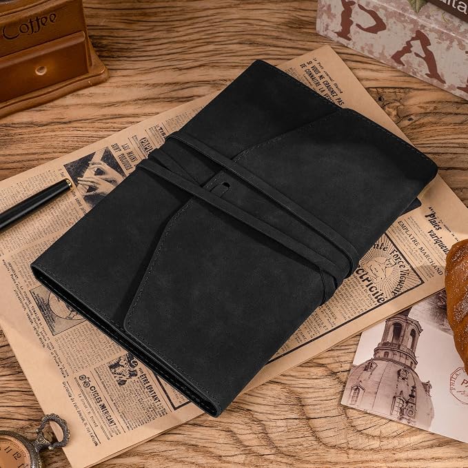 MINICAGIE Vintage Journal for Women Men Leather Bound Junk Journal Notebook 160 Pages Scrapbook Book of Shadows Journals for Writing Diary Travel Journaling Sketching, 5.9x 8.6 in, Soft Cover, Black