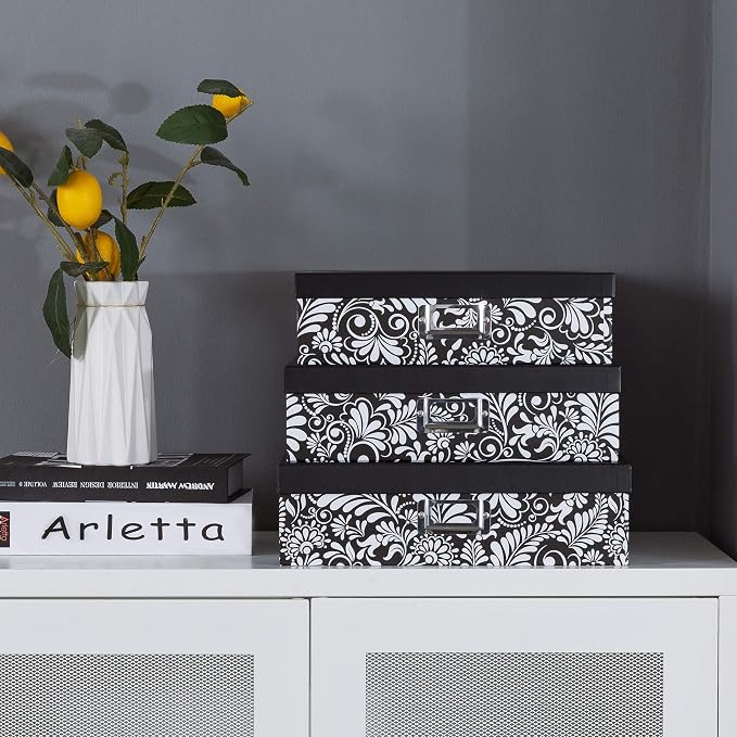 Soul & Lane - Black and White Floral Storage Boxes with Lids, Set of 3 | Decorative Cardboard Paper Box Set for Documents, Photos, Memories and Keepsakes, Large Pretty Nesting Letter Organizers