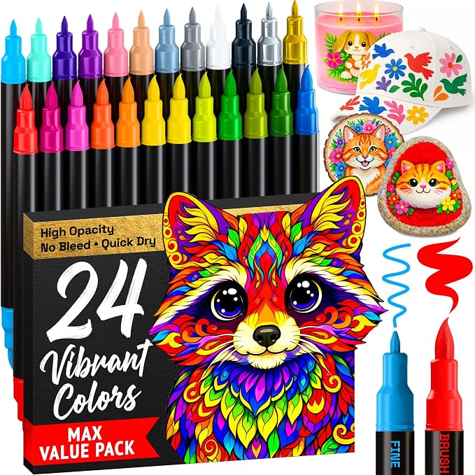 ARTISTRO 24 Acrylic Paint Markers - Paint Pens for Drawing - For Fabric, Rock, Glass, Wood, Molds - Arts & Crafts Gift for Adults, Teens, Kids, Classroom Must Haves & School Supplies