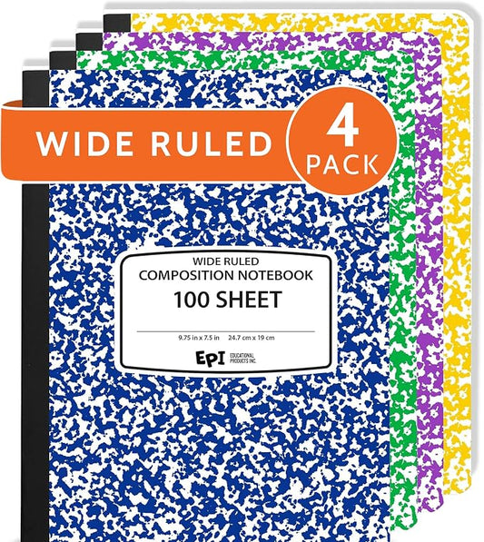 4 Pack - EPI Wide Ruled Composition Notebook Assorted Marble Colors - 200 Pages (100 Sheets), 9-3/4 x 7-½ - Classroom Back to School Supplies, Heavy Duty, Durable Hardcover Office Notebooks, Sewn