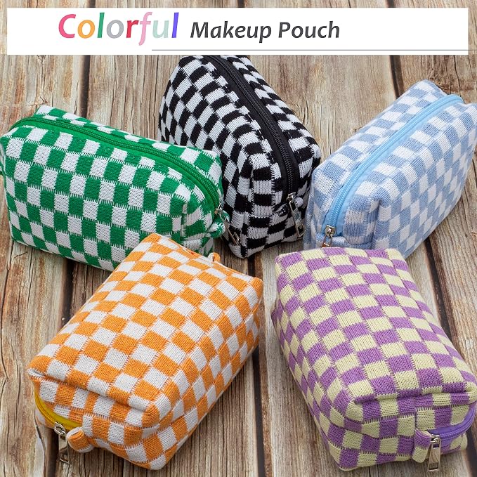 PAZIMIIK Checkered Makeup Bag for Purse Portable Zipper Make Up Pouch Small Cosmetic Case for Travel Accessories (Orange) | Cute Zipper Makeup Organizer for Women, Travel Essentials, Toiletries, Makeup Brushes, Beauty Accessories&Bridesmaid Gifts