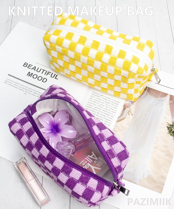 Checkered Makeup Bag for Purse, Small Travel Cosmetic Pouch,Lavender | Cute Zipper Makeup Organizer for Women, Travel Essentials, Toiletries, Makeup Brushes, Beauty Accessories&Bridesmaid Gifts