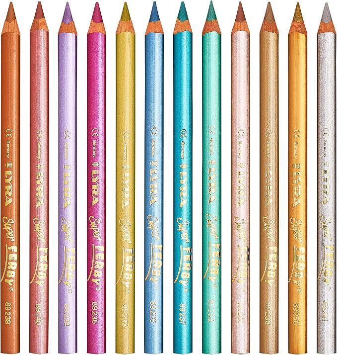 Lyra Super Ferby Triangular Metallic Colored Pencils - Set of 12 Metallic Pencils with A 6.25mm Core - Highly Pigmented Colored Pencils for Artists of All Ages - Durable Pencils for Coloring and More