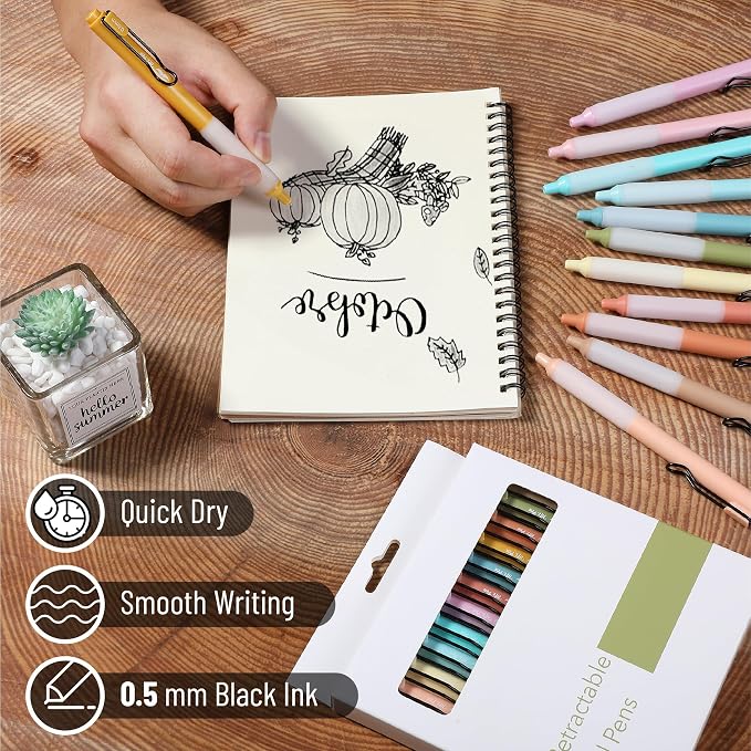 Mr. Pen- Retractable Gel Pens, 12 Pack, Black Ink, Pastel Barrels | Fine Point 0.5 mm, Fast Dry, Smooth Writing, Cute Pens for Drawing, Writing Planner and School Supplies
