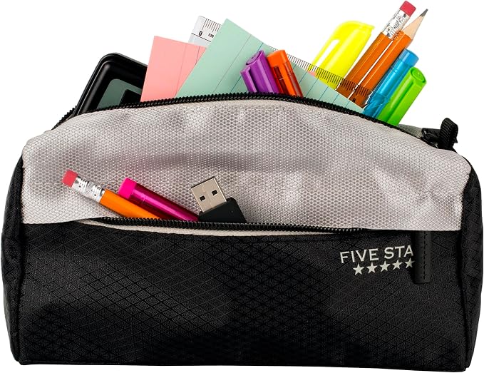 Five Star Pencil Pouch, Pen Case, 9-Pocket Zipper Pouch, Storage Organizer for School Supplies Earbuds Chargers Cables Makeup, Black/Grey (505600A-ECM)