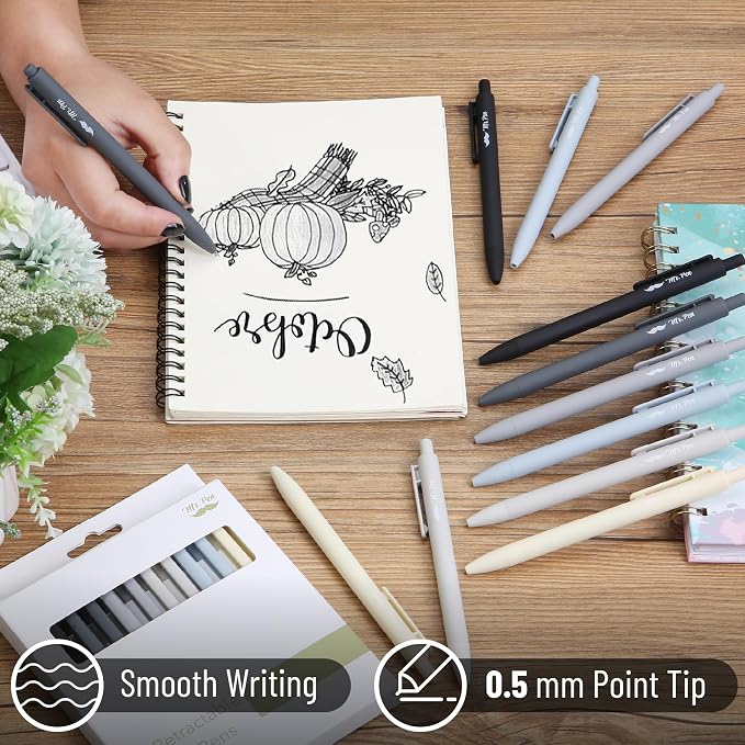 Mr. Pen- Retractable Gel Pens, 12 Pack, Black Ink | Monochrome Elegance Barrel, Fine Point 0.5mm, Fast Dry, Smooth Writing, Cute Pens for Drawing