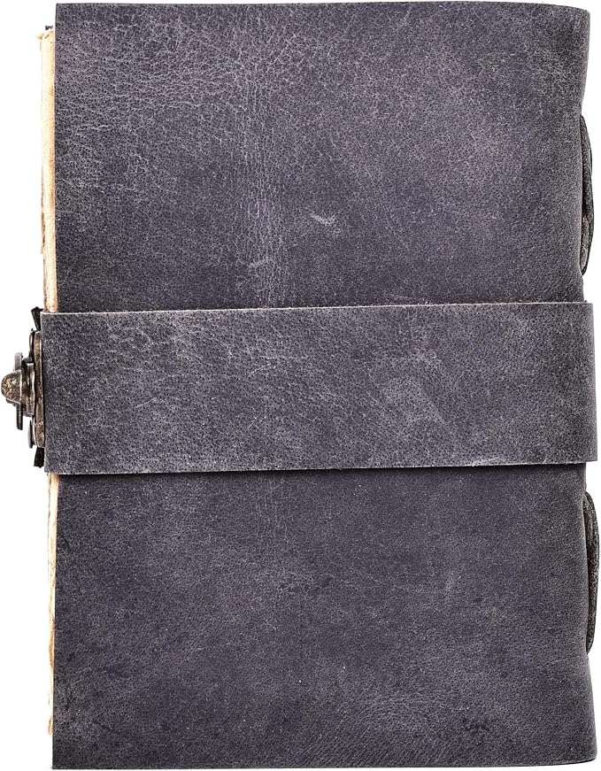 Leather Bound Vintage Journal for Women & Men – Book of Shadows – Lock Closure – 200 Pages of Antique Deckle Edges Handmade Paper (Ash Grey, 8 x 6 inches)