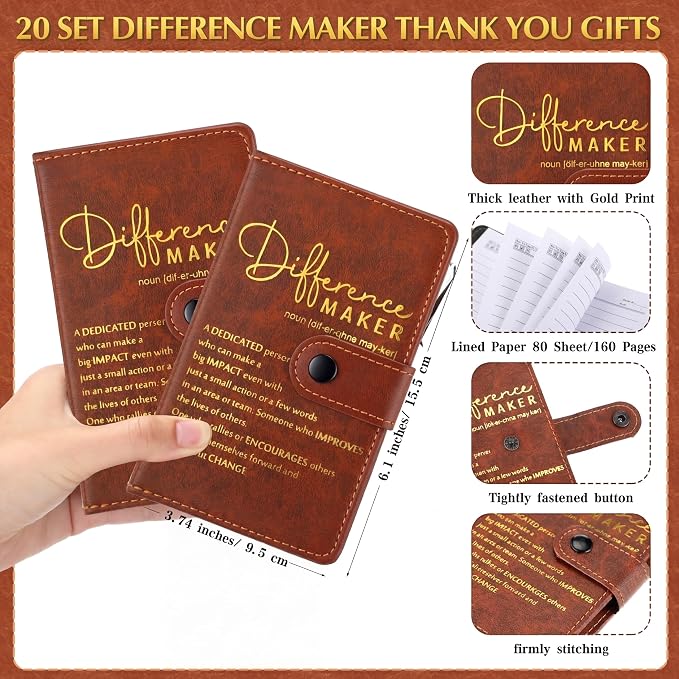 Honoson 20 Sets Difference Maker First Day of School Gifts Bulk Motivational Notebooks with Bamboo Pen Employee Appreciation Gifts for Coworker Team Staff Boss Welcome Gift