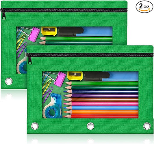 Pencil Pouch for 3 Ring Binder, 2 Pack Pencil Bags with Zipper, Green Pencil Case for Classroom School Office Supplies, Large Sturdy and Durable Cloth Pencil Pocket for 3 Holder Binder