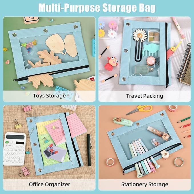 Lanpn Pencil Pouch for 3 Ring Binder 6 Pack, Pastel Binder Pen Bags with Zipper, 3 Holes Pencil Holder Stationary Organizer for Boy Girl Kids School Student, Reinforced Grommets & Clear Window, Blue