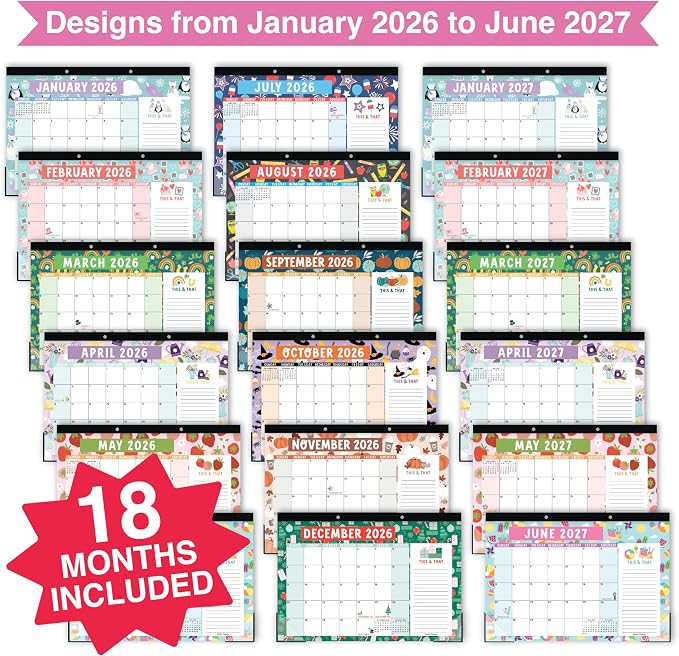 Hadley Designs Large Teacher Desk Calendar 2026-2027 - Desktop Calendar 2026, 18-Month Academic Desk Calendars for School, Home & Office, Cute Classroom Must Haves, Back to School Teacher Gifts