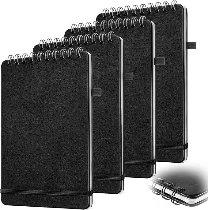 Qeeenar 4 Pack Small Spiral Notebooks 6 x 9 Inch, Black Leather Cover Top Bound Wirebound Notepads with 50 Sheets Lined Pages for Office School Travel Work Daily Notes and Lists