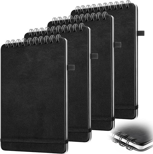 Qeeenar 4 Pack Small Spiral Notebooks 6 x 9 Inch, Black Leather Cover Top Bound Wirebound Notepads with 50 Sheets Lined Pages for Office School Travel Work Daily Notes and Lists
