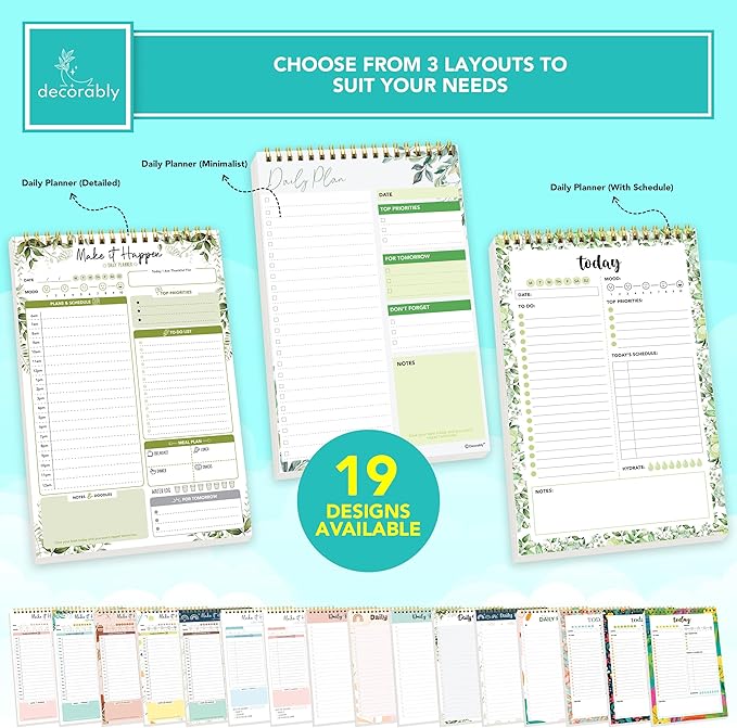 Decorably 52 Sheets Forest Green Undated Daily To Do list - 6.5x10in Spring-Bound, Easy Tear-Off, Planner Pad, Schedule, Priorities, Agenda, Water Intake, Meals, Notes and Doodles - Home, Office