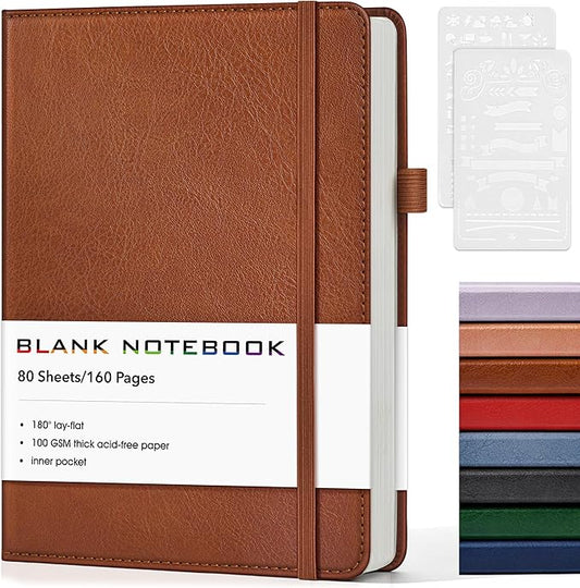 Journal Notebook, A5 Leather Hardcover Blank Sketchbook, 160 Pages, 180° Lay-Flat Binding, 100 GSM Thick Paper, for Sketching, Drawing, Art Journaling & Creative Writing (Brown)