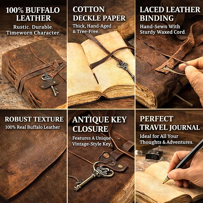 cuero Compass Vintage Leather Journal Antique Handmade Leather Bound Journal with Deckle Edge Paper Diary Leather Sketchbook Drawing Journal Notebook Great Gift Men & Women (Vintage Brown, 4X6 Inch)