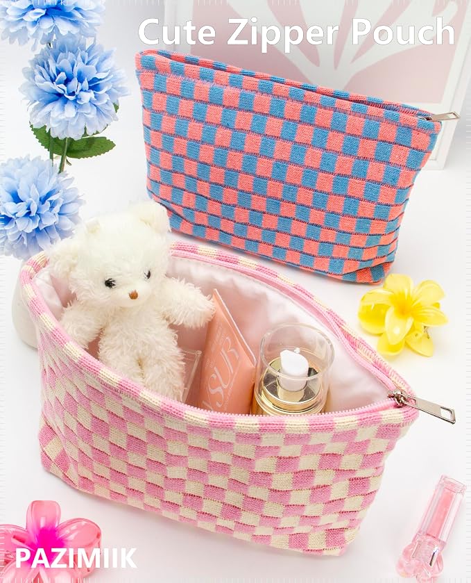 Checkered Makeup Bag for Purse, Small Flat Cosmetic Pouch,Pink Beige | Cute Zipper Makeup Organizer for Women, Travel Essentials, Toiletries, Makeup Brushes, Beauty Accessories&Bridesmaid Gifts