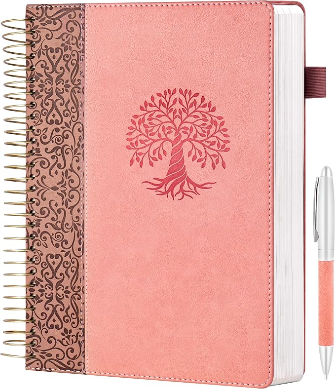 Spiral Notebook Wide Ruled Leather Journal for Women, 300 Pages, 7X10,Pink | Large Notebooks for School Office, Note Taking Notebooks for Writing Lined Notebook with Tabs Pockets Pen Holder