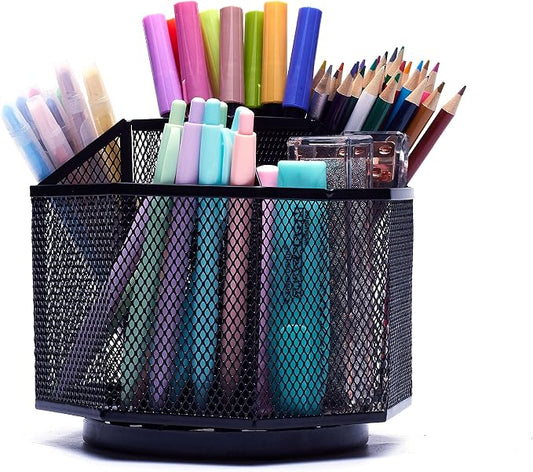 Exerz Desk Organizer 360 Rotating Pen Holder 5 Compartments Caddy Black | Smooth Spinning Base with Open Mesh Sections Easy Access to Pens Brushes Scissors Daily Desk Tools