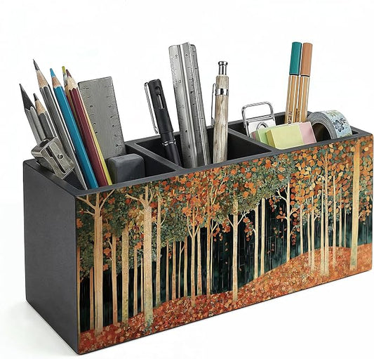 Rustic William Morris Inspired Autumn Forest Wooden Pencil Pen Holder for Desk Organizers and Accessories, Cottagecore Botanical Nature Makeup Brush Holder Organizer for Bathroom Vanity