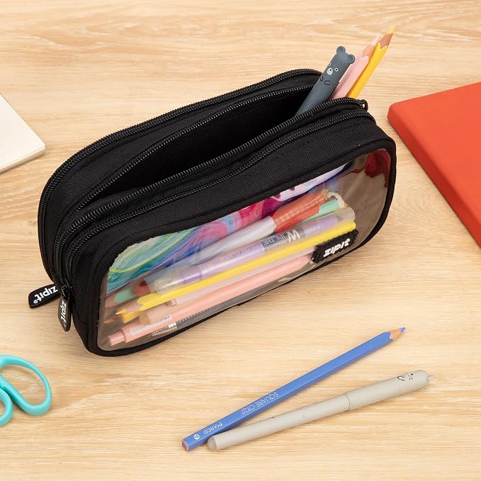ZIPIT Half & Half Pencil Case, 3 Compartment Zipper Pouch for School, Stationery Bag for Teen Girls Boys and Adults, Black
