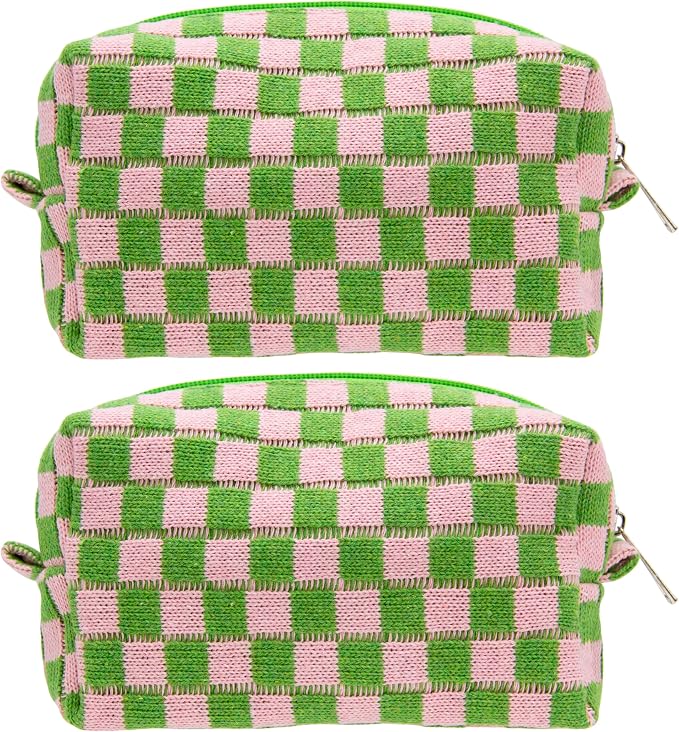 Checkered Makeup Bag for Purse, Small Cosmetic Pouch,Pink Green,2 Pack | Cute Zipper Makeup Organizer for Women, Travel Essentials, Toiletries, Makeup Brushes, Beauty Accessories&Bridesmaid Gifts