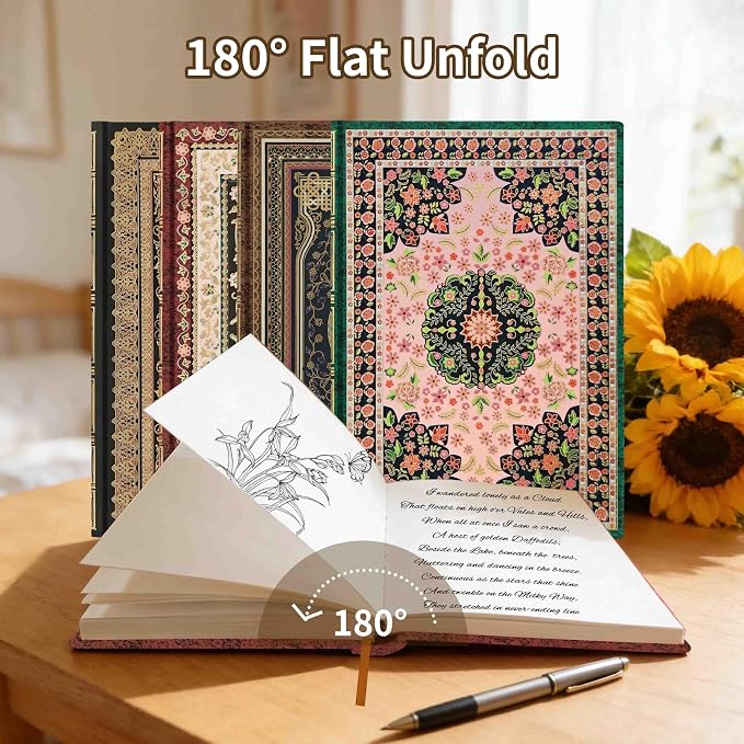 Mlife Thick Journal Blank Notebook,288 Pages A5 Notebook,120gsm Plain Paper,Vintage Hardcover Notebook with Gold-Embossed Floral for Men Women,5.5'' X 8.27''