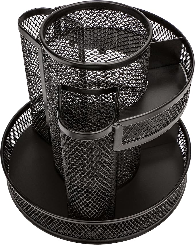 Annova Mesh Desk Organizer Rotate with 5 Compartments Round Spinning Tidy Candy/Pen Holder Desk Accessories Office, Art Supply, Storage, Classroom, Home (Black)