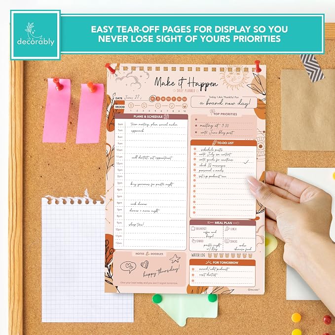 Decorably 52 Sheets Boho Celestial Undated Daily to Do List Notepad, 6.5x10" Spring-Bound Planner, Easy Tear-Off, for Schedule, Priorities, Agenda, Water Intake, Meals, Notes & Doodles, Home, Office