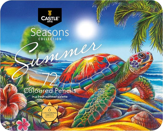 Castle Art Supplies 72 Summer Colored Pencils Set | Wax-Based Pencils with Soft, Smooth Cores | Summer-Inspired Palette for Adult Artists | Organized in Display Tin | Seasons Collection