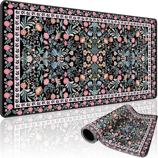 Black Floral Desk Mat, 31.5"x15.7" Large Mouse Pad, Anti-Slip Rubber Base Mousepad, Keyboard Pad with Stitched Edges, Water-Resistant Smooth Desk Blotter, Computer Mat for Home Office Desk