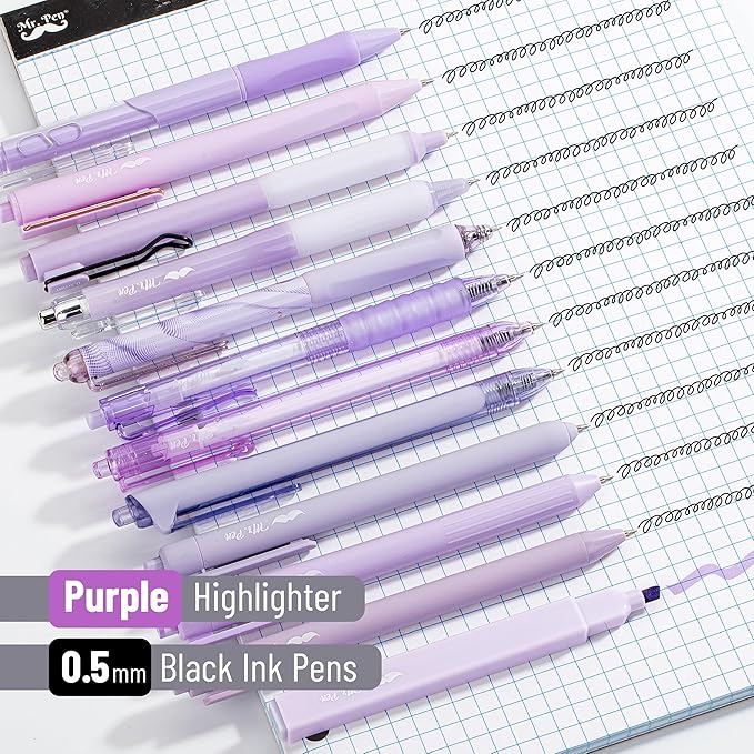 Mr. Pen- Purple Gel Pens Set, 12 Pack | Black Ink Cute Writing Pens with 1 Aesthetic Highlighter, 0.5 mm, Smooth Gel Pens for Journaling, Aesthetic Girly Stationery