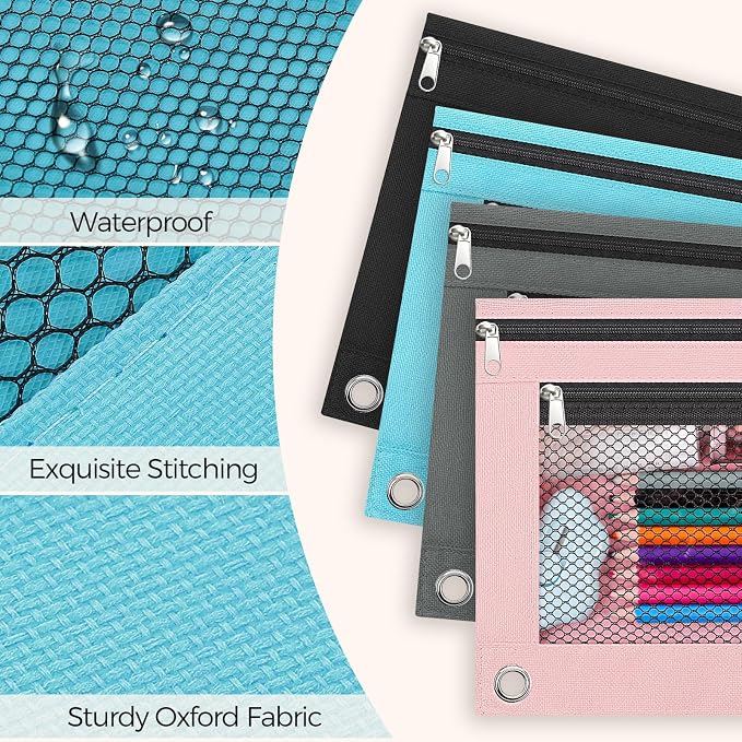 KONVINIT 4 Pack Pencil Pouch for 3 Ring Binder, Zipper Binder Pencil Pouch in Assorted Colors, Durable Cloth Pencil Pouches with 2 Pockets, Pencil Case for School Supplies, Cables, Earbuds, Makeup
