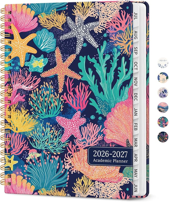 Planner 2026-2027, Academic Year Monthly and Weekly Calendar Planner, Jul 2026 - Jun 2027, Hardcover Teacher Student Planning Agenda book with Tabs, Perfect for School Office Supplies, 8.5" x 11" - Coral Reef