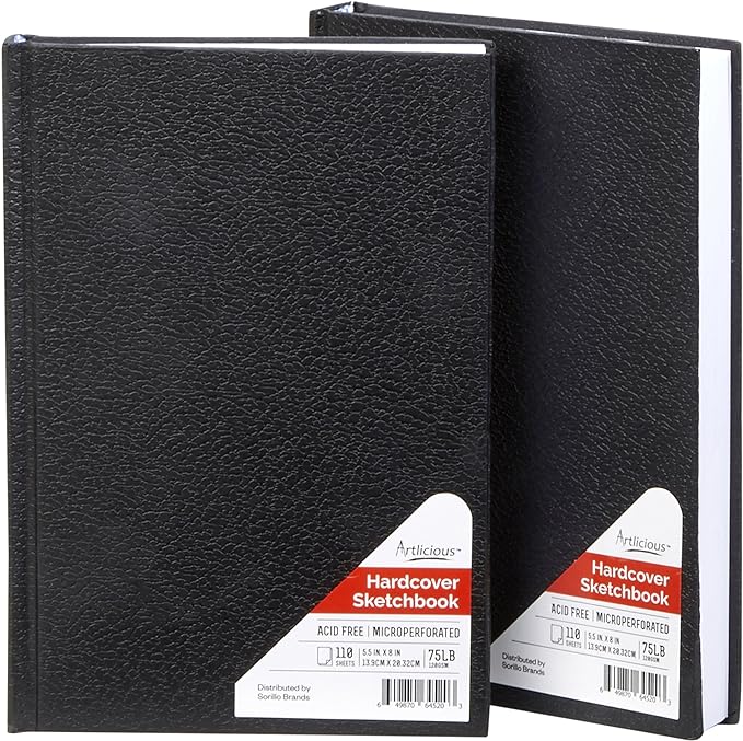 Artlicious Hardcover Sketch Book 2 Pack, 5.5" x 8" Black Drawing Books, 110 Sheets Each, 120 GSM Acid-Free Paper, Hardbound Sketchbooks for Pencil, Graphite, Charcoal & Pen