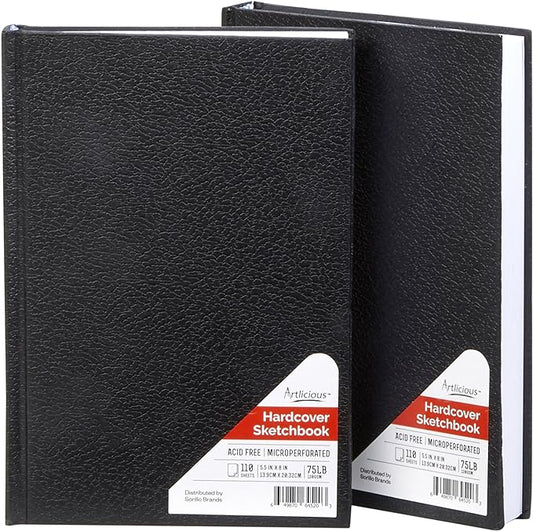 Artlicious Hardcover Sketch Book 2 Pack, 5.5" x 8" Black Drawing Books, 110 Sheets Each, 120 GSM Acid-Free Paper, Hardbound Sketchbooks for Pencil, Graphite, Charcoal & Pen